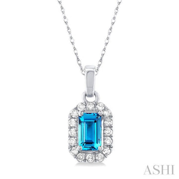 5x3 MM Octagonal Shape Blue Topaz and 1/20 Ctw Single Cut Diamond Halo Semi-Precious Pendant with Chain in 14K White Gold